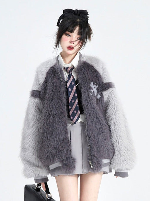 Gray Furry Contrast Collar Raglan Sleeve Fur Jacket