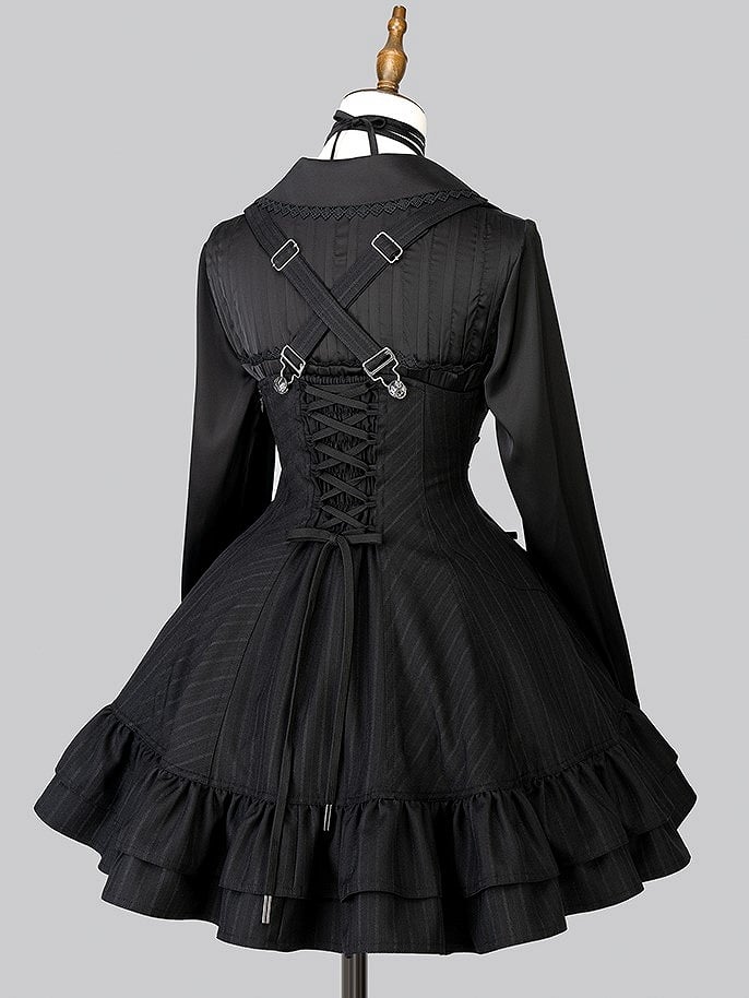 【12月29日予約締切】ゴシックロリータダークカラーストライプバッククロスフリルサスドレス