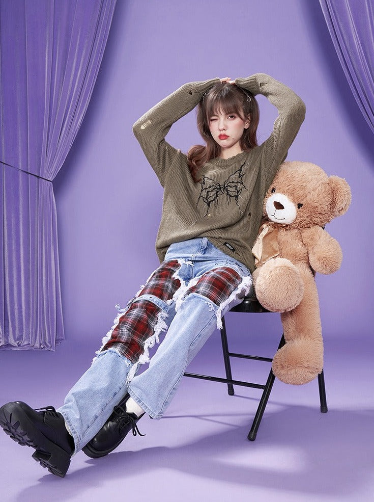 ロックレッドチェックダメージデニムパンツ – Belchic