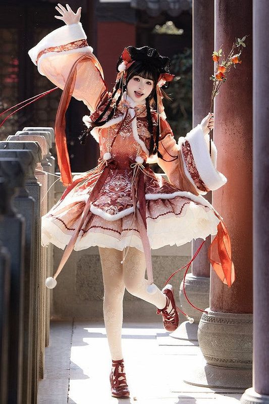 [Reservation Deadline: January 29th] China Lolita Horse Embroidery Princess Sleeve Fur Jacket Dress Full Set