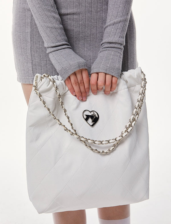 Cool Metal Diamond Stitch Leather Chain Tote Bag