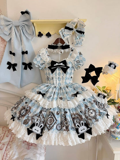 [Reservierungsschluss 30. Juni] Blaue x weiße Alice-im-Wunderland Sweet-Lolita-Accessoires-Serie (Hasenohren-Hut, Hasenohren-Haarreif, Halsband, Taschenuhr-Brosche, rückseitige Schleppen-Schleife, Handgelenkstulpen)