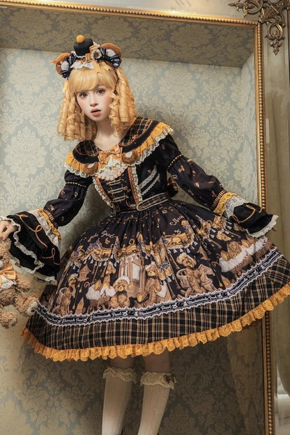 [Reservierungsschluss 8. September] Classic Bear Lolita-Stufenkleid mit weißem Kragen, Karomuster, Spitze und Schleife+Vintage-JSK-Kleid mit Teddybär-Print und Spitze+Vintage-Lolita-Kleid mit Teddybär-Print, Karokragen und klassischem Karomuster