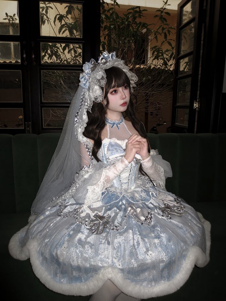 [Deadline for reservations: December 10] Snow Rabbit Ball Blue and Silver Halter Neck Fur Dress Complete Set