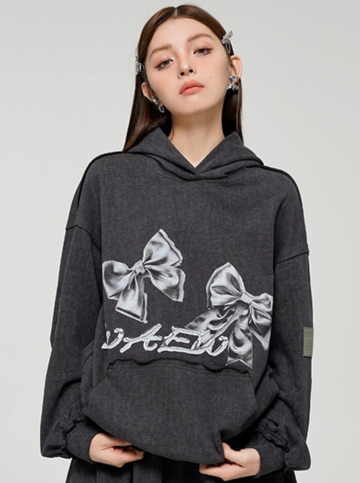 Ribbon Print Loose Sweatshirt Hoodie + Skirt