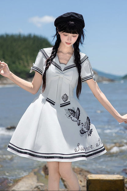【10月1日予約締切】Blue/White Sailor Collar Bird Embroidery Lolita Bow Dress