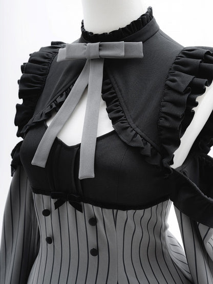 [Pre-order Deadline: October 1] Black x Gray Striped High-Low Cutout Cold-Shoulder Flare-Sleeve Frill Ribbon Dress