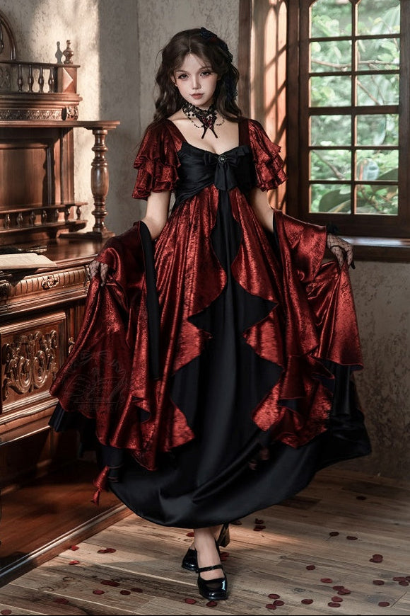 [Date limite de précommande: 105] Robe empire gothique élégante à volants cascade rouge/bleu [courte/longue] + ensemble robe complet (châle, broche papillon, chaîne de taille, traîne à nœud au dos)
