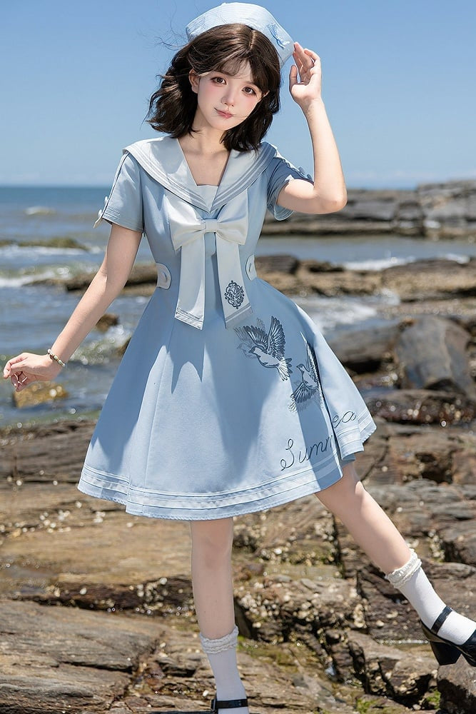 【10月1日予約締切】Blue/White Sailor Collar Bird Embroidery Lolita Bow Dress