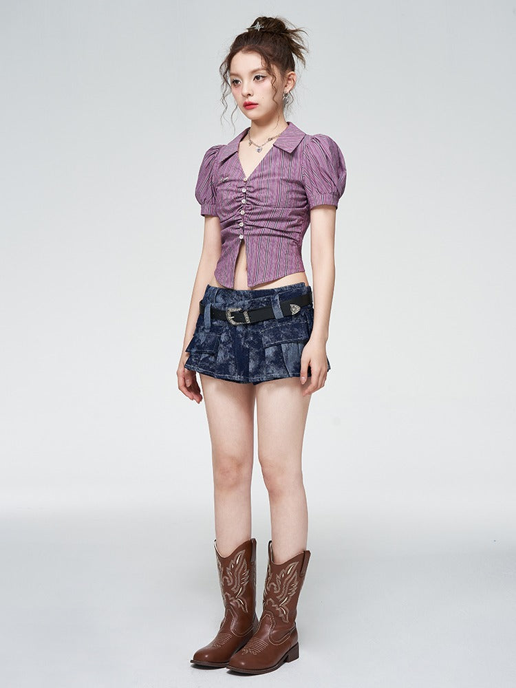 Violet striped puff sleeve short pleated shirt