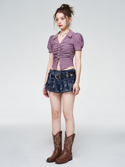 Violet striped puff sleeve short pleated shirt