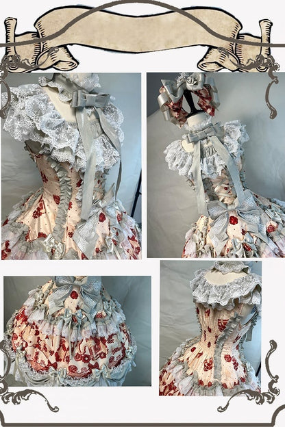 [Date limite de précommande 9/28] Ensemble robe + KC à imprimé floral Alice lolita classique, gris argenté x rouge / rose x bleu, à volants et rubans