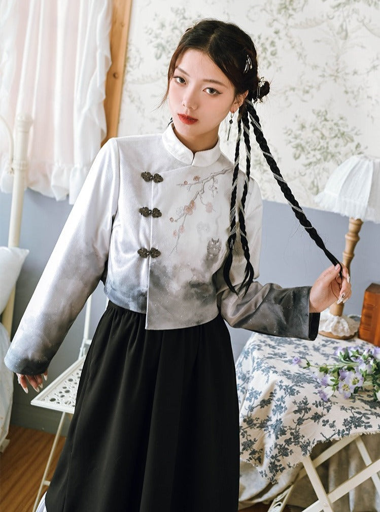 Stand collar china top + retro pleated skirt