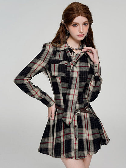 Spicy Red Check Neckline Pleated Contrast Dress