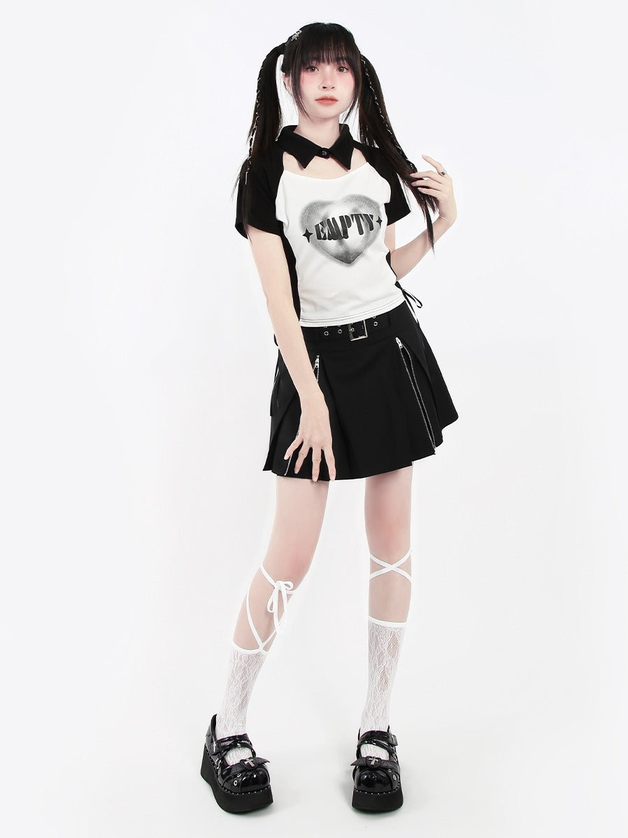 Black White Heart Print Split Polo Collar Top T-Shirt