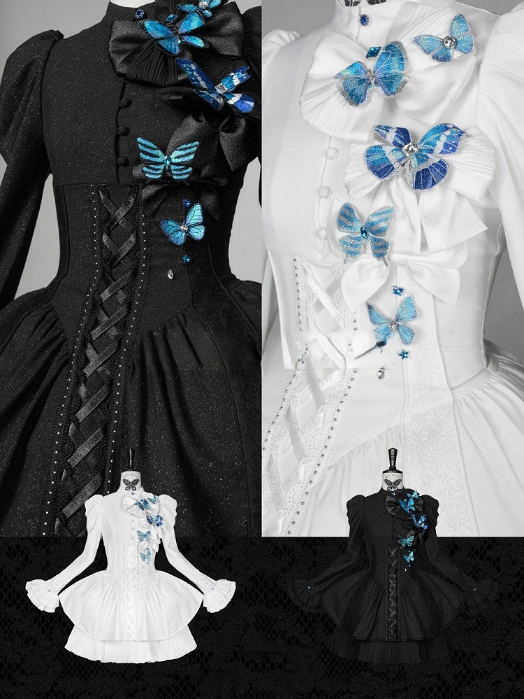 [Reservierungsschluss 14. Oktober] Schwarz-weißes Gothic-Lolita-Minikleid mit Schmetterlingsschleife, Bandkragen und Schnürung am Rücken