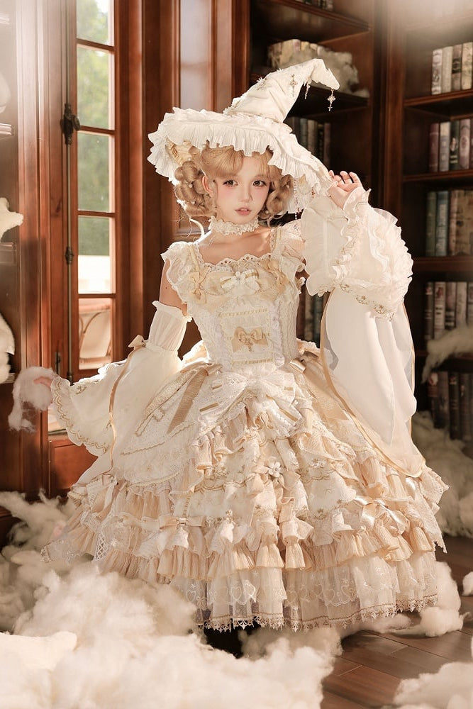 [Cierre de reserva el 14 de septiembre] Conjunto completo Elegant White Gold Witch: vestido JSK cruz + cola con lazo grande + capa con capucha + mangas desmontables + sombrero de bruja + mangas exteriores