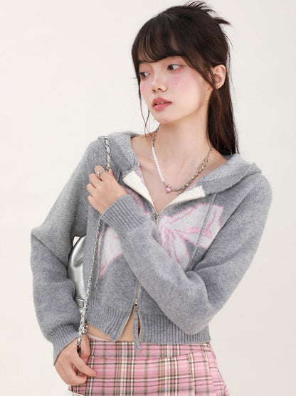 Ribbon Print Hoodie Short Knit Cardigan