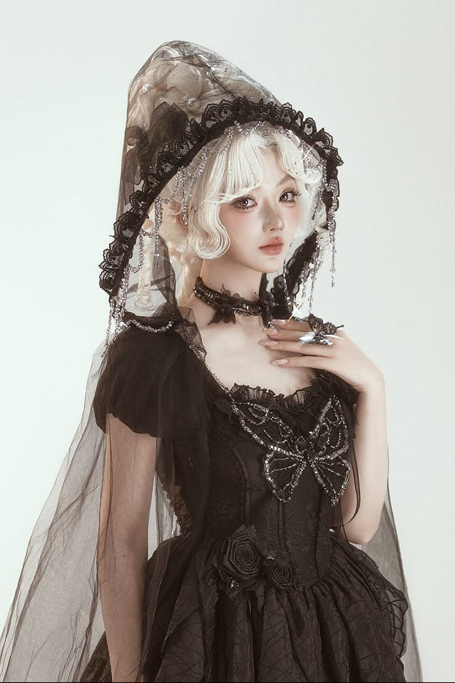【10月28日予約締切】Black Butterfly Gothic Lolita Puff Sleeve Dress Top + Layered Ruffle Asymmetrical Hem Skirt Set (With Chest Brooch + Waist Brooch)