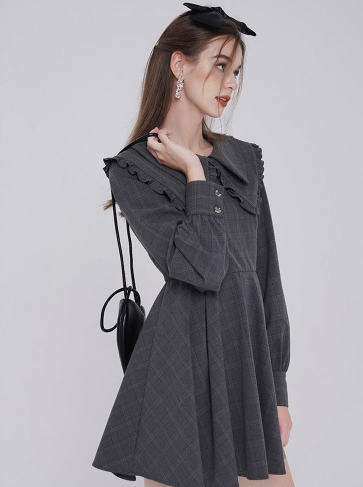 Dark Gray Check Puff Sleeve Dress