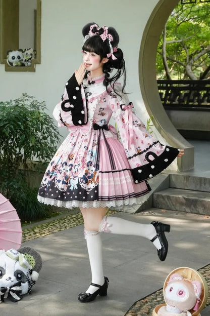 [Pre-order Deadline: October 25] Pink/Green Chinoiserie Lolita Sweet Panda Print Bow Bell Sleeve OP Dress