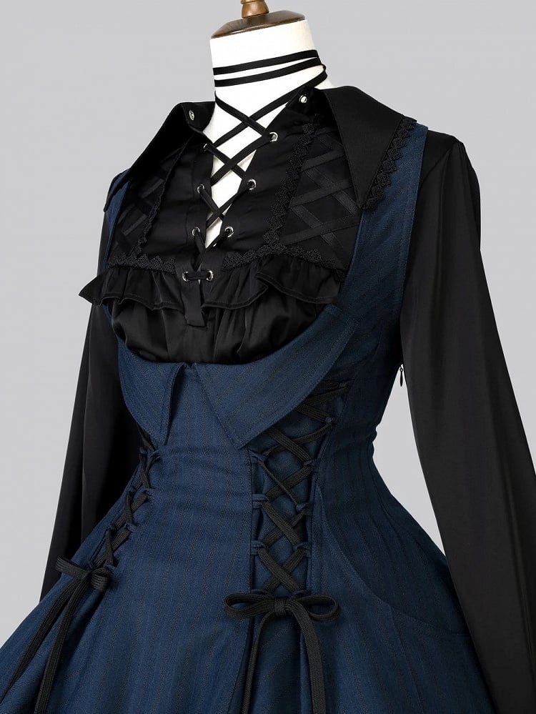 【12月29日予約締切】ゴシックロリータダークカラーストライプバッククロスフリルサスドレス
