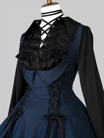 【12月29日予約締切】ゴシックロリータダークカラーストライプバッククロスフリルサスドレス