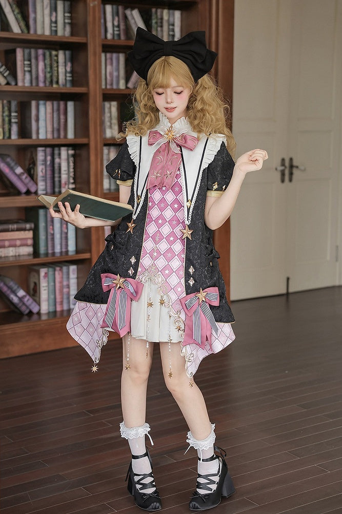 【10月13日予約締切】Magic Academy Starry Diamond Pendant Bow Lolita Dress + Black Lace Trim Bow Puff Sleeve Jacket + Detachable Star Embroidery Ribbon Frill Collar + Full Set