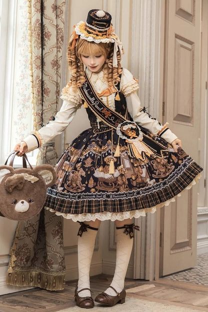 [Reservierungsschluss 8. September] Classic Bear Lolita-Stufenkleid mit weißem Kragen, Karomuster, Spitze und Schleife+Vintage-JSK-Kleid mit Teddybär-Print und Spitze+Vintage-Lolita-Kleid mit Teddybär-Print, Karokragen und klassischem Karomuster