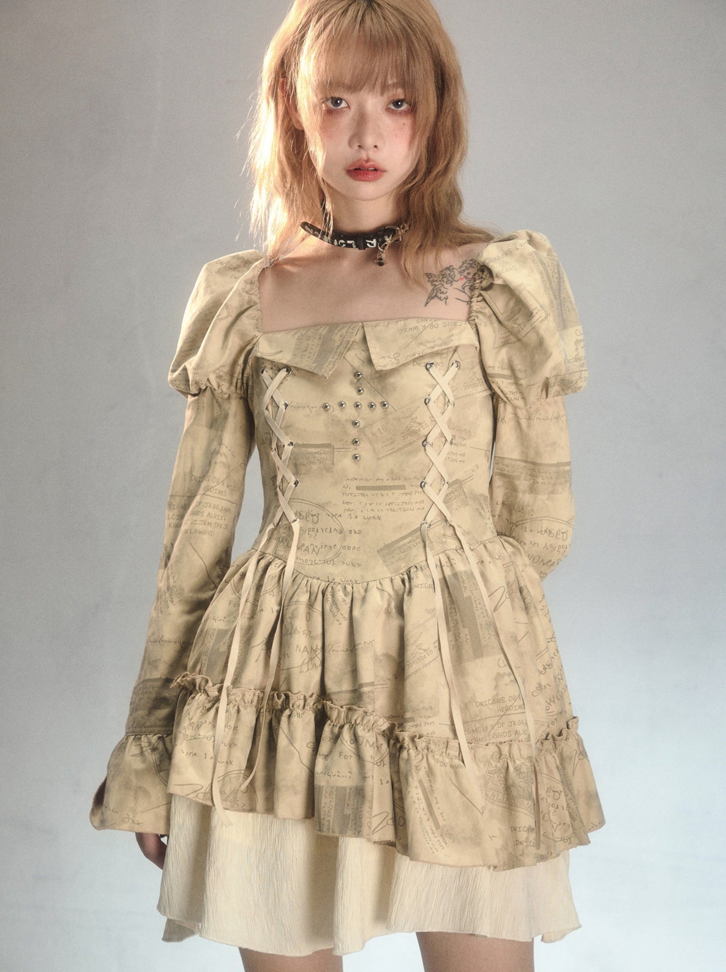 Romantic Punk Print Riveted Cross Lace Regular Cake Puff Sleeve Dress