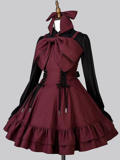 【12月26日予約締切】ゴシックロリータダークカラーストライプリボンサスドレス