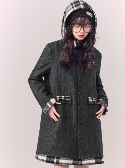 Check Hooded Wool Long Coat