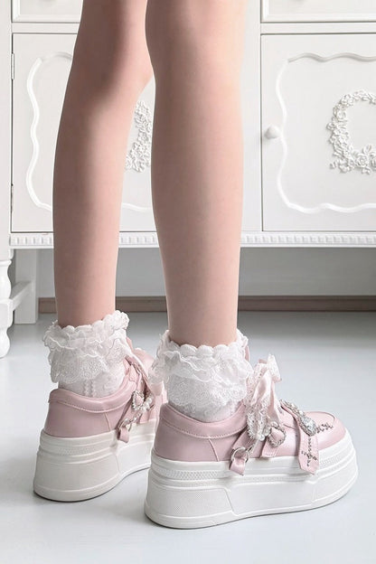 【10月6日予約締切】White/Pink/Black Rhinestone Buckle Lace Cross Charm Ribbon Chunky Sneakers