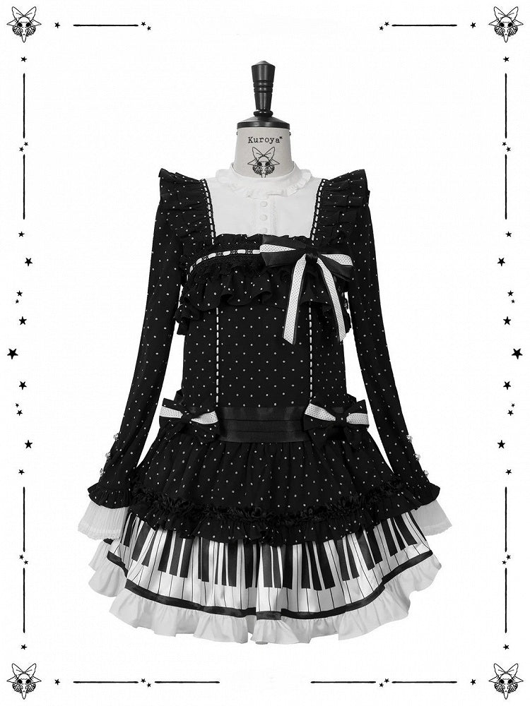 [Date limite de réservation : 22 octobre] Robe de poupée taille basse gothique Lolita à pois/noire avec touches de piano, nœud à volants