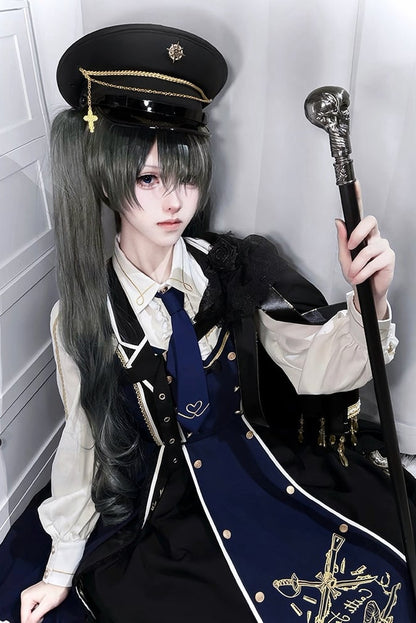 【6月28日予約締切】レッドブラック/ブルーブラックダークロリータゴールドエンブロイダリーテーラーカラーJKSドレス＋ネクタイ＋ウエストバッグ付きベルト