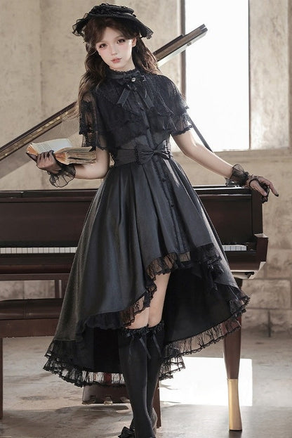 【10月8日予約締切】Black Classic Lolita Black Bow High-Low Dress(Sheer lace hem version / Plain satin frill hem version)