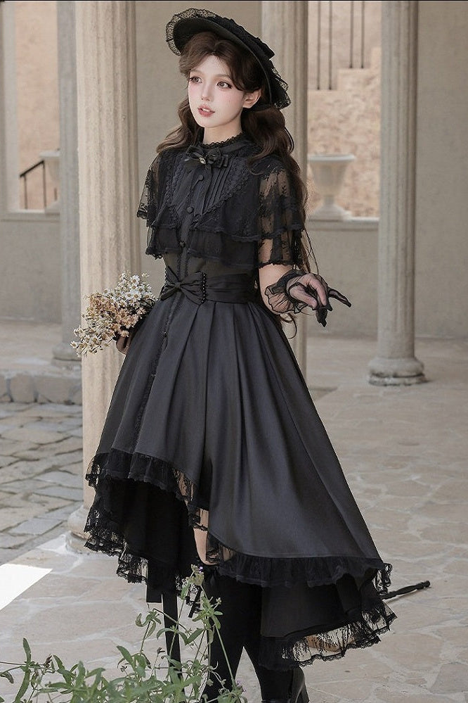【10月8日予約締切】Black Classic Lolita Black Bow High-Low Dress(Sheer lace hem version / Plain satin frill hem version)
