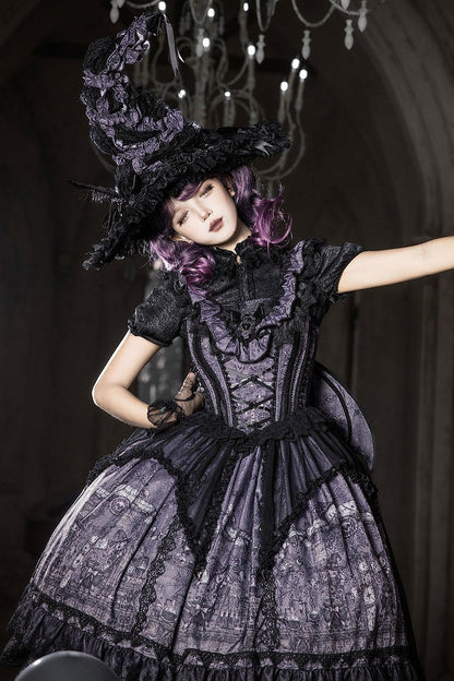 【10月30日予約締切】Purple And Black Gothic Lolita Dress Complete Set [Bunny Ear Hat Version/Witch Hat Version] (Witch Print Bustier Dress + Black Short-Sleeved Blouse + Bat Wing Back Train + Detachable Princess Sleeves)