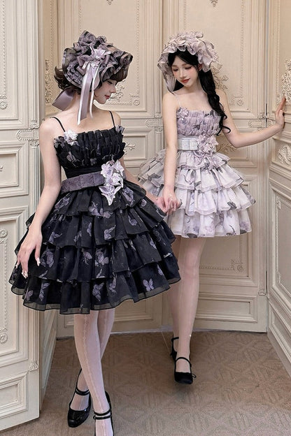[Scadenza prenotazione 98] Mini abito dolce Lolita a balze con ricamo di gigli, fiocco e farfalla Black x Purple / White x Purple
