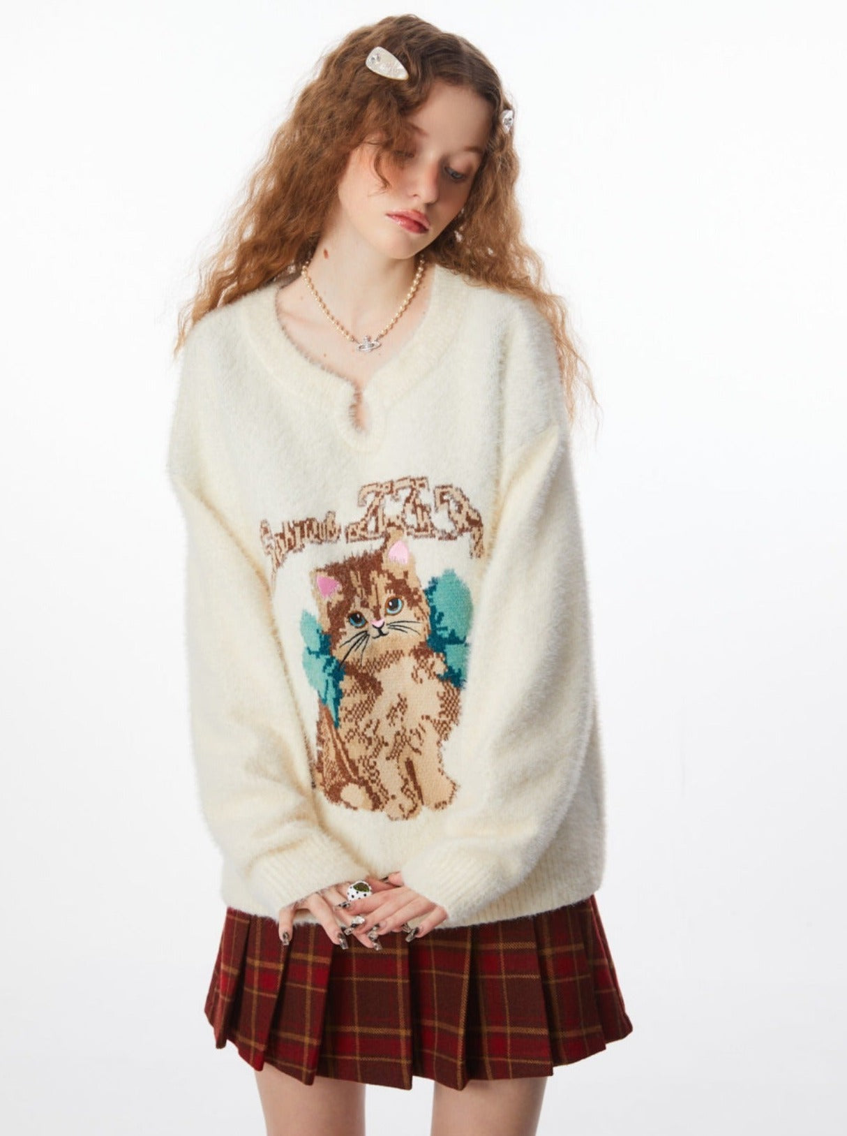 American Retro Cat Design White Knit