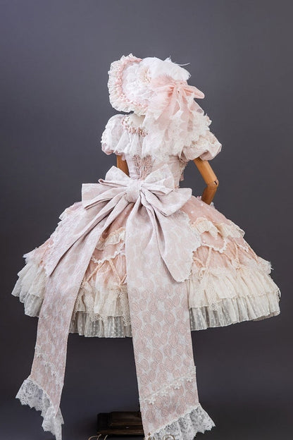 【9月10日予約締切】Pink/Blue Rococo Fantasy Puff Sleeve Ribbon Tiered Princess Lolita Dress Bridal＋Full set[Op Dress + Feather Hat + Choker + Back Ribbon Train + Lace Gloves]