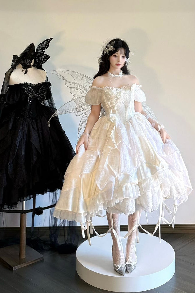 【10月28日予約締切】White Butterfly Gothic Lolita Puff Sleeve Dress Top + Layered Ruffle Asymmetrical Hem Skirt Set (With Chest Brooch + Waist Brooch)