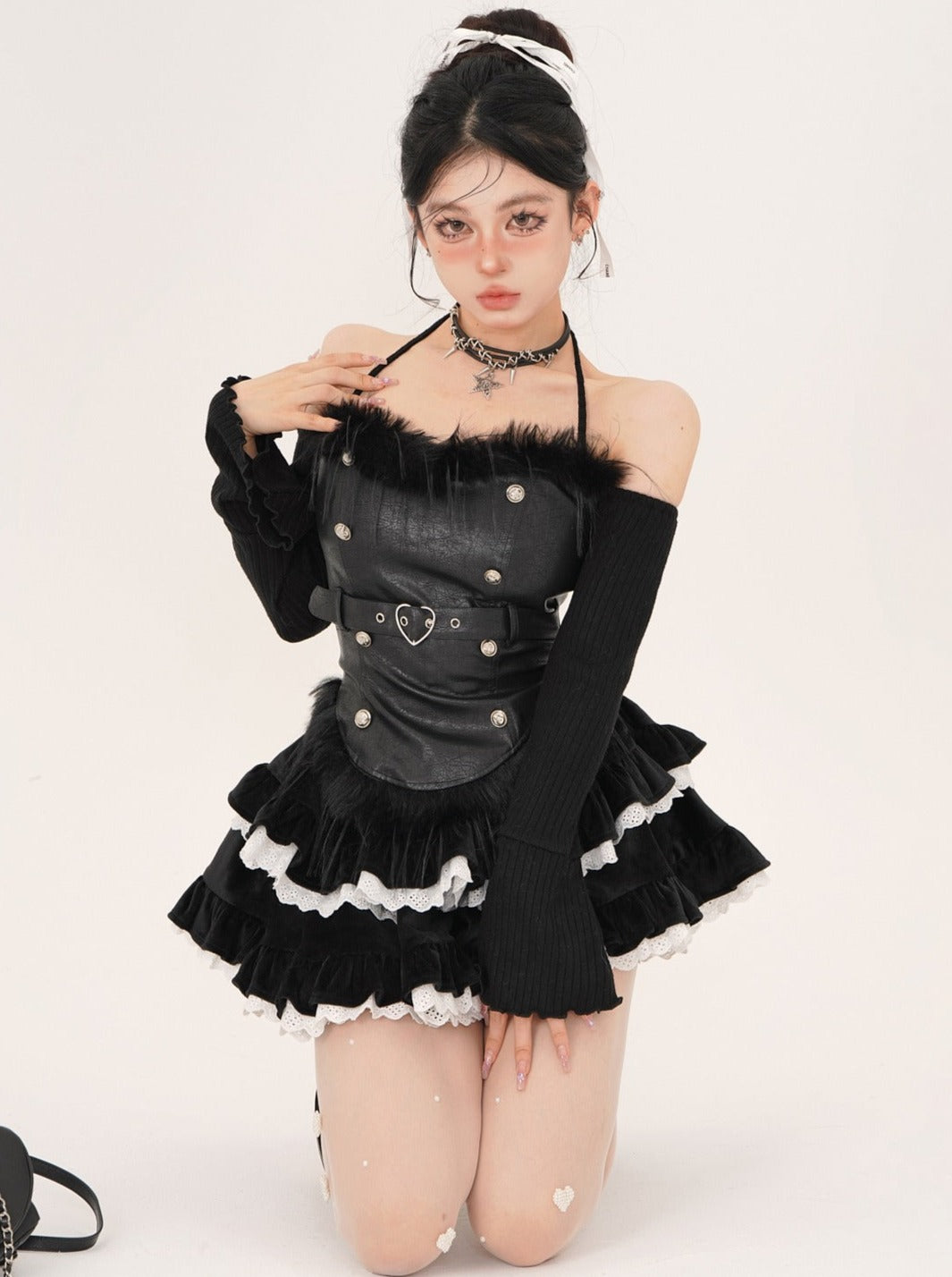 Blackberry Whiskey Black Sweet Spicy Neck Shoulder Top + Flared Skirt [Reserved Item