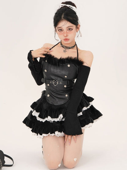 Blackberry Whiskey Black Sweet Spicy Neck Shoulder Top + Flared Skirt [Reserved Item