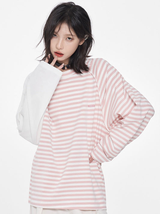 Striped Splice Loose Raglan Sleeve Asimelon T