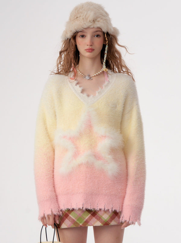 American Retro Design Pink Yellow Gradient Knit + Gradient Scarf