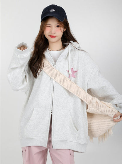 Star Zip Hooded Loose Sweatshirt Hoodie