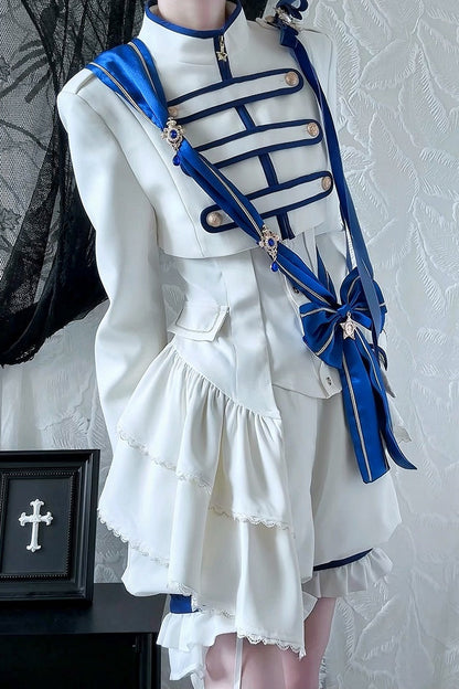 【9月13日予約締切】Blue White Military Ruffle Lolita Jacket (with epaulet bow) + Shirt + Short Skirt Set / Shorts Set + Complete set 1/2 (Officer cap + Leg covers + Sash)