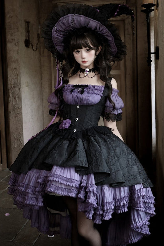 【4月28日予約締切】パープル×ブラックエレガントゴシックロリータコルセットレイヤードJSKドレス＋オフショルダーレースパフトップス