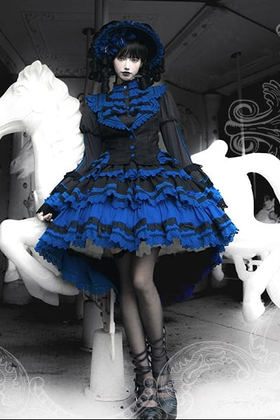 [Vorbestellfrist: 13. Juli] Kleinblaue Gothic-Lolita-Rüschen-Stufenkleid-Komplettset